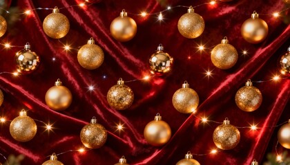 Festive golden ornaments on rich red velvet holiday decoration indoor setting warm atmosphere close-up view