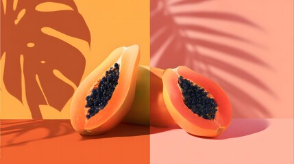 Two halves of ripe papaya with black seeds on a split orange and pink background with leaf shadows fruit