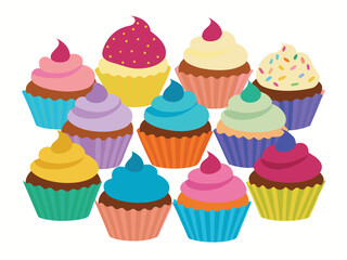 Vector art of collection of colorful cupcakes with frosting and sprinkles, flat design