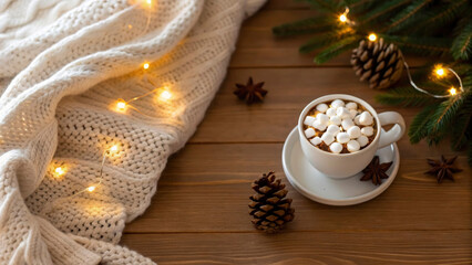 A warm mug of hot chocolate topped with marshmallows sits next to pine cones on a wooden table. Soft lighting and a knitted blanket create a cozy atmosphere for New Year's celebrations