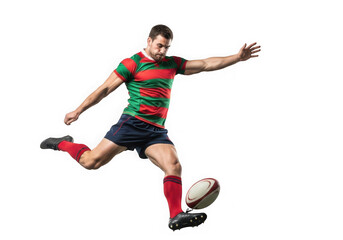 Fototapeta premium Rugby player kicking ball action shot dynamic sport photography high quality png isolated on transparent background