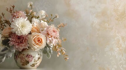 Fototapeta premium Vintage floral arrangement in ornate ceramic vase with soft textured background ornate vase flowers