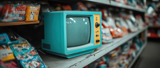 A vintage teal television sits on a shelf surrounded by various colored packages, evoking a sense of nostalgia, Ideal for projects related to retro culture, vintage trends, or electronics history,