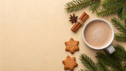 A cozy scene featuring a cup of warm drink surrounded by holiday decorations. Gingerbread cookies and spices enhance the festive spirit of New Year and Christmas 2026