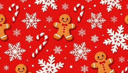 Fototapeta premium Festive gingerbread cookies and candy canes on red background holiday theme pattern design cheerful atmosphere top view