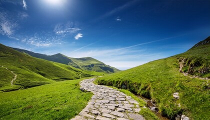 Obraz premium A Stone Pathway Winds Through Lush Green Hills Under A Bright Blue Sky