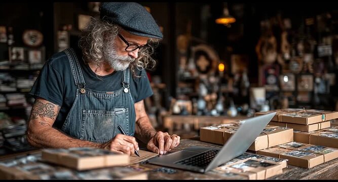 A person is sitting and working on a laptop at a table in a cafe, while a man works on a laptop at night, and a woman is reading on her computer