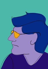 Profile view of a man with blue hair wearing yellow sunglasses on a teal background
