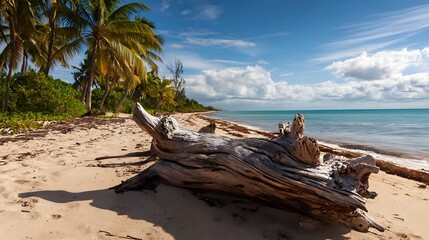 Driftwood log lying on a tropical beach with palm trees and turquoise water under a blue sky with white clouds, creating a serene and idyllic scene of a perfect vacation destination