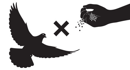 Silhouette of a pigeon flying towards a hand scattering seeds, isolated on transparent background