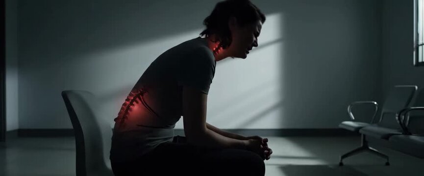 Woman experiencing intense back pain in a dimly lit waiting room needing medical attention seeking relief and spine health solutions