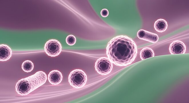Microscopic view of bacteria and viruses floating in a fluid environment.