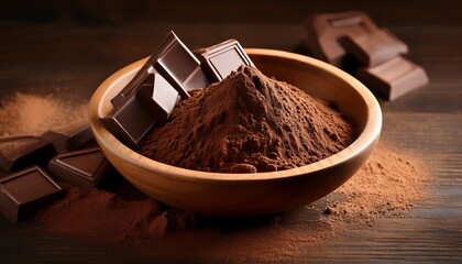 Chocolate Pieces With Cocoa Powder In Bowl On Wooden Table
