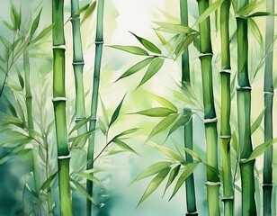 Obraz premium watercolor painting of bamboo stalks and leaves serene green hues evoke a calming natural mood