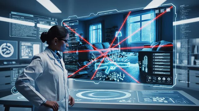 Scientist Analyses Crime Scene via Futuristic Interactive Interface