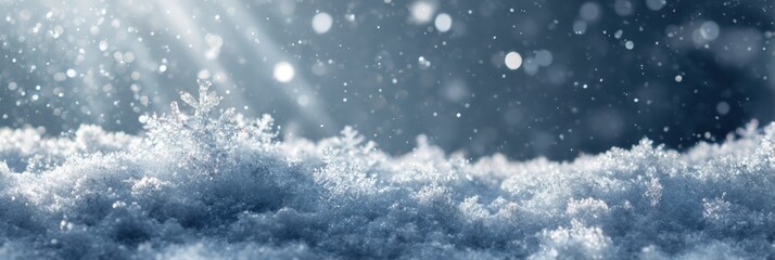 Snowflakes on snow bed receiving sunbeams while snowing