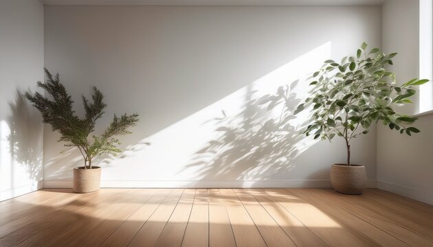 sunlit corner evokes calm and serenity as leaf shadows dance on the minimalist white walls above the inviting light wood floor
