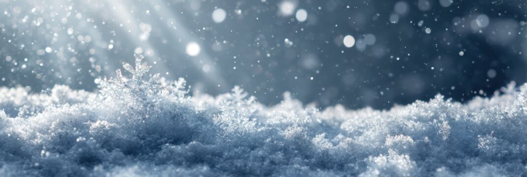 Snowflakes on snow bed receiving sunbeams while snowing