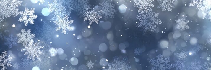 Winter snowflakes falling on a blue bokeh background
