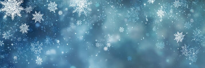 Frosty winter snowflakes falling creating blue abstract background