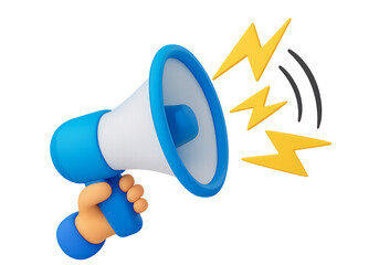 3D cartoon megaphone with lightning bolts and sound waves blue megaphone with loudspeaker