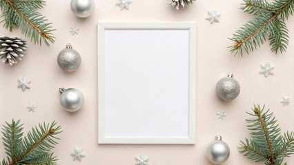 A blank decorative frame is placed on a soft background, adorned with silver ornaments, pinecones, and evergreen branches showcasing a seasonal theme for the 2026 holiday season