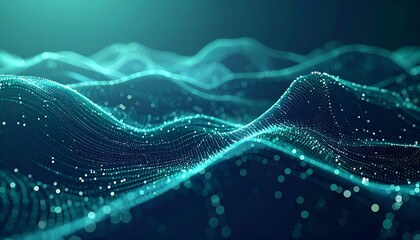Obraz premium Abstract Digital Data Wave Pattern with Glowing Bokeh Lights and Teal Gradient. for bussines background 