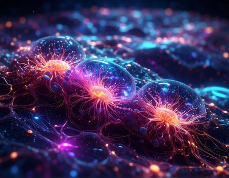 Luminescent orbs with radiating filaments float in a glowing landscape - Powered by Adobe