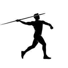 Dynamic silhouette of athlete throwing javelin with powerful motion on white background, vector art for sports and competition themes, graphic symbol illustration.