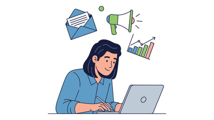 Businesswoman working on a laptop with email marketing and data analysis icons vector illustration for business communication and strategy