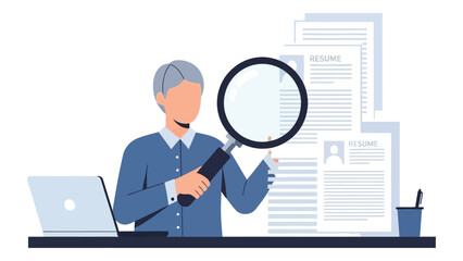 Job applicant reviews resumes with a magnifying glass vector illustration for recruitment and human resources isolated on white background