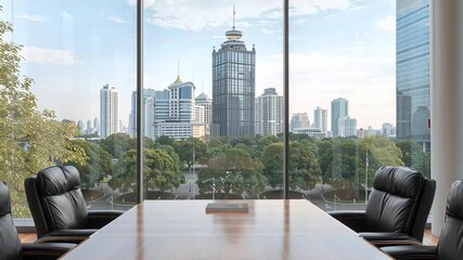 Modern boardroom with glass walls and city skyline view - Powered by Adobe