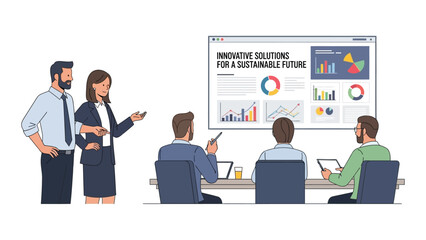 Business team presenting innovative solutions for a sustainable future analyzing data charts and graphs in a meeting vector illustration