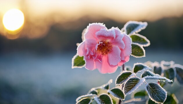 Pink Flower Covered In Frost With Delicate Leaves In Early Morning Light