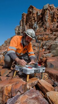 A geophysicist locating iron-rich mineral resources for mining exploration by using a magnetometer equipment over rough terrain.