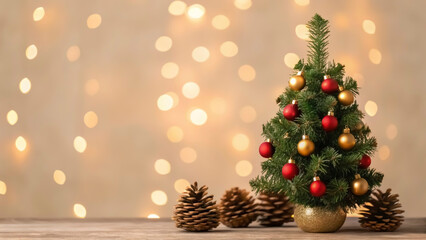 A small Christmas tree stands adorned with red and gold ornaments, surrounded by pine cones. Soft lights twinkle in the background, creating a warm holiday atmosphere for New Year 2026 celebrations