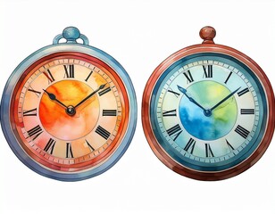two watercolor clocks showing different times one in warm tones and the other in cool tones a vibrant and artistic take on time