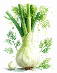Fresh watercolor illustration of a vibrant green fennel bulb with delicate fronds.