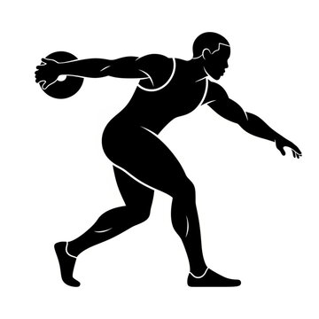 Dynamic black silhouette of discus thrower athlete in action, embodying power, strength, & motion, ideal for sports branding, athletic design, and fitness illustrations.