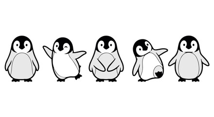 Naklejka premium Five cute cartoon penguins standing in a row, isolated on transparent background
