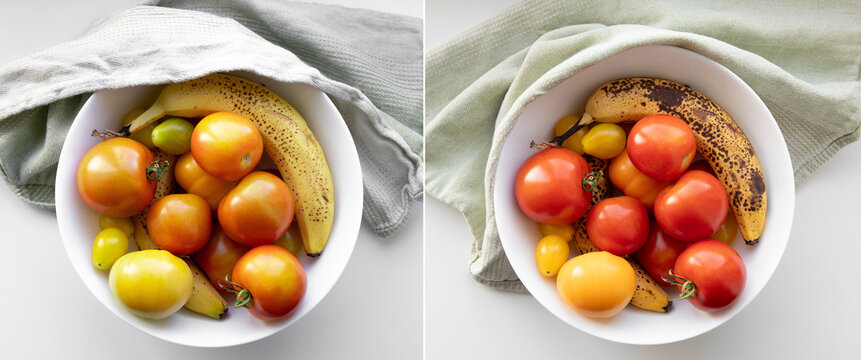 Ripening raw green tomatoes with bananas is effective because ethylene gas from the banana speeds up the process. Last tomatoes picked from the greenhouse. 5 days apart &mdash; left: before, right: after.
