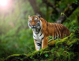 Obraz premium Majestic tiger stands on a mossy bank, bathed in sunlight