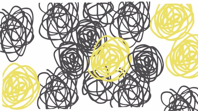 A vibrant animated graphic featuring a chaotic pattern of scribbles in black and yellow, conveying a playful and artistic design.
