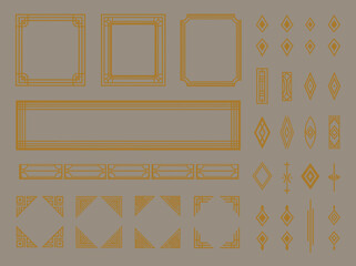 art deco elements set with creative golden borders and frames, elegant dividers and headers for luxury design, antique decorative ornaments for invitation cards, posters, premium packaging and vector 