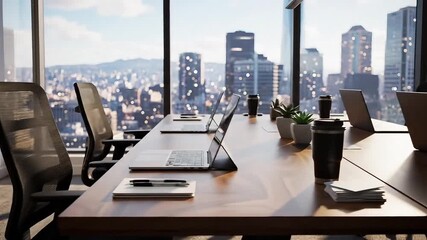 Dynamic workspace with laptops overlooking stunning city skyline, perfect for remote work showcase or modern business presentation backgrounds