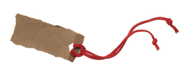 Blank cardboard tag with red string flying, isolated on white background, clipping path