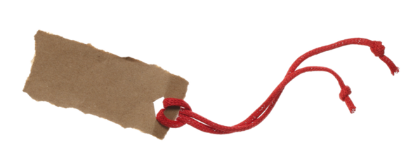 Blank cardboard tag with red string flying, isolated on white background, clipping path