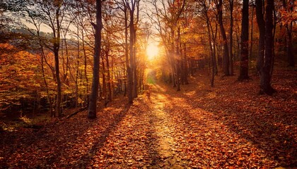 Fototapeta premium Deserted Forest Trail Covered With Fallen Leaves At Sunset In Autumn