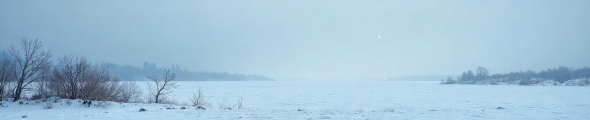 A desolate, icy landscape stretches to the horizon under a bleak, grey sky Frozen ground, stark branches, and a chilling wind convey a sense of intense winter coldness , backdrop, blue, ice