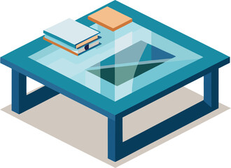 Isometric vector illustration of a modern glass coffee table with books